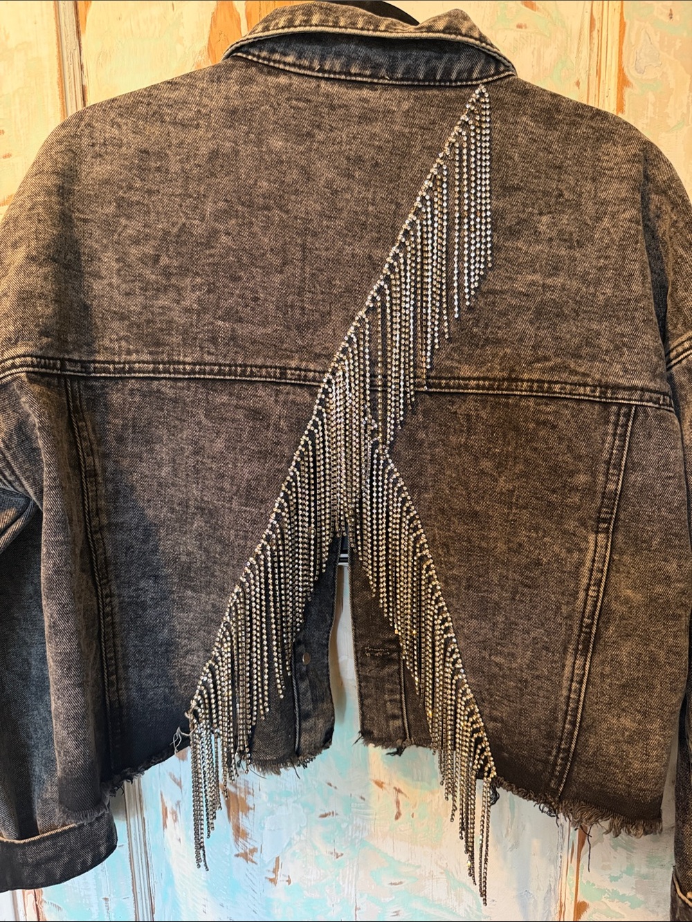Savanna Jane Rhinestone Fringe Cropped Denim Jacket Black Western Medium